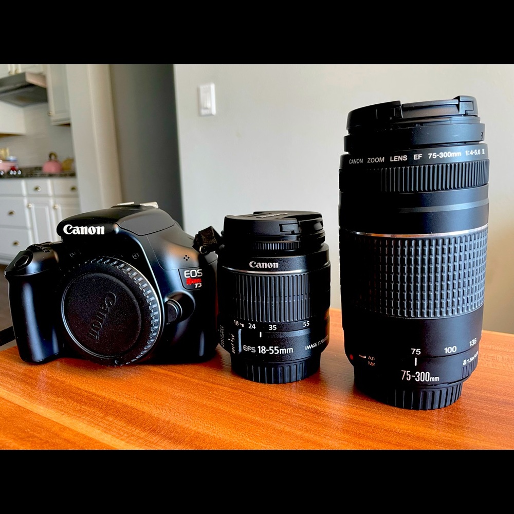 Lightly used Canon EOS Rebel T-3 bundle. Includes camera, two stock lenses & bag